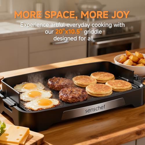 SENSCHEF 20x12 Inch Electric Nonstick Griddle - Foldable Anti-Mess Shield, 1700W, Midnight Black
