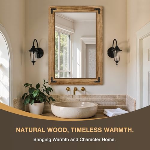26x38 Inch Rustic Wooden Wall Mirror - Distressed Frame for Bathroom & Bedroom