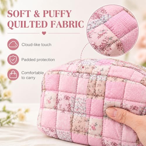 Large Quilted Makeup Bag 5 Pack with Handle Travel Cosmetic Organizer