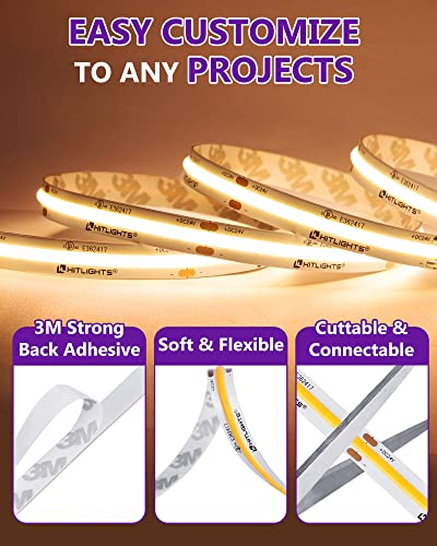 HitLights Warm White COB LED Strip Lights 3000K 32.8ft High Density 24V Tape Light