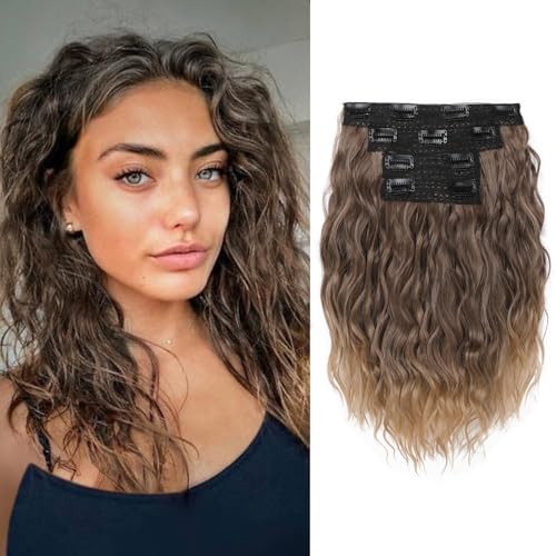 Clip in Hair Extensions 12 Inch Curly Wavy Natural Soft Hairpieces for Women - Light Brown with Golden Ends - 4 Pack