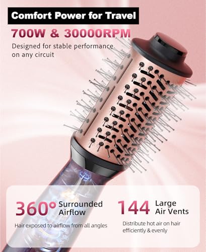 Pink Gold Dual Voltage Travel Hair Dryer Brush with Pouch - Compact, Lightweight, 2 Speed, 360° Swivel, Curls & Volume