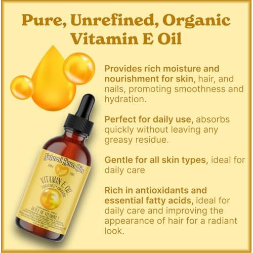 Natural Born Oils Natural Vitamin E Oil, 8oz, Organic, Cold-Pressed, Rich in Alpha-Tocopherol, Ideal for Moisturizing Skin, Strengthening Hair