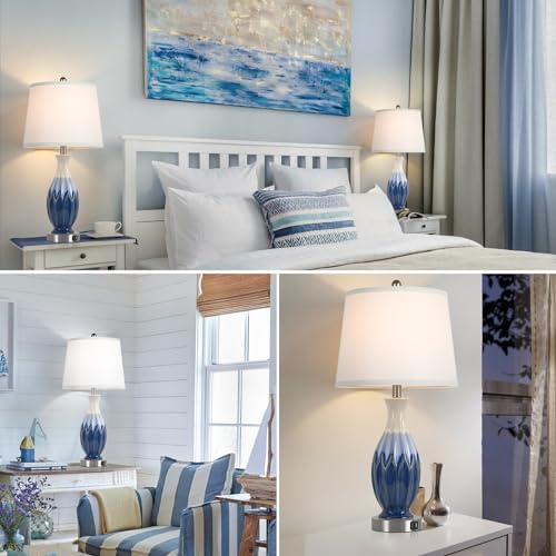 Bosceos 28” Table Lamps Set of 2 - Ceramic Navy Blue Bedside Lamps with USB Ports