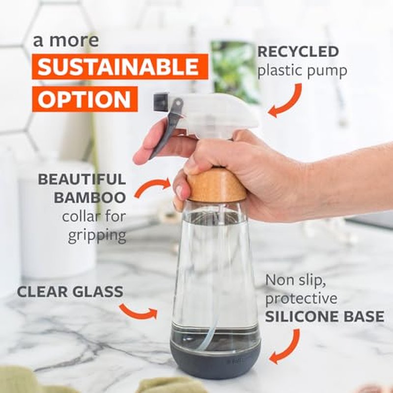 Full Circle Bottle Service - Refillable Glass Spray Bottle for Cleaning - Versatile Stream & Mist Options, Bamboo, Silicone Boot - Ideal for Non-Toxic Solutions & Plant Care, 16oz, Gray