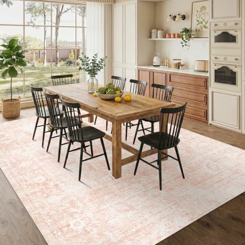 Pink Washable 8x10 Area Rug - Vintage Style Living Room Carpet