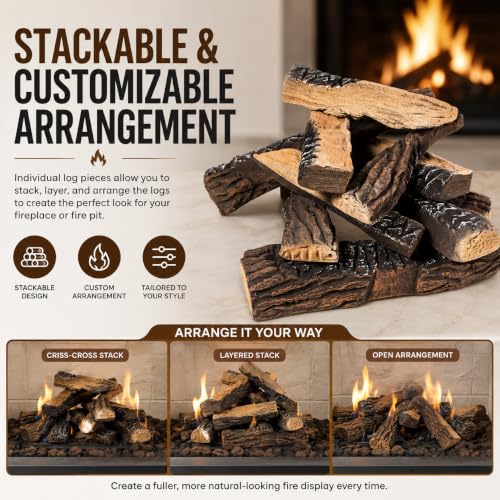 Barton Realistic Style 10-Piece Ceramic Gas Fireplace Log Set - Indoor & Outdoor Vented Fireplaces
