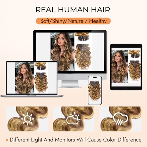 Chocolate Brown to Caramel Blonde 18 Inch Clip In Hair Extensions - Body Wave, 8 Pcs, 80g