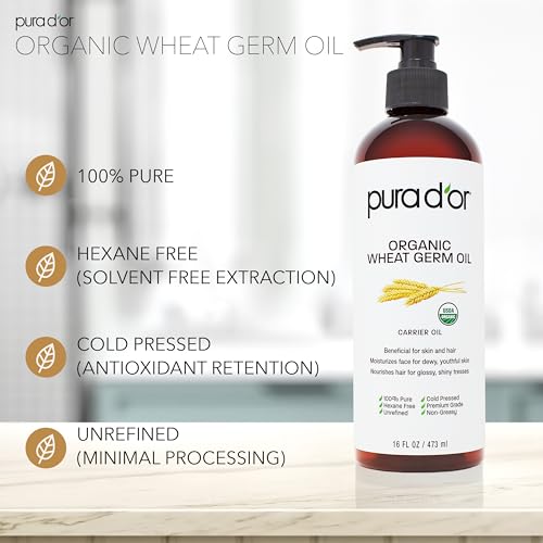Organic Wheat Germ Oil 16 Fl Oz Pack of 2 - Cold Pressed Moisturizing Hair & Skin Oil - Vitamin E Rich, Anti-Aging & Nourishing