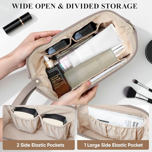 Large Travel Makeup Bag for Women - Double Layer Cosmetic Organizer Beige Sand