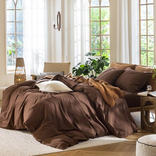 MooMee Queen Duvet Cover Set 100% Washed Cotton Linen Look Cocoa Brown No Comforter