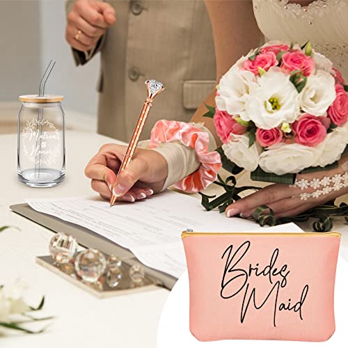 Irenare 48 Pcs 8 Set Bridesmaid Proposal Gifts Maid of Honor Gifts16oz Glass Cups Cosmetic Makeup Bags Invited Cards Scrunchies Hair Knotted Bracelets Diamond Pens(Elegant Style,Rose Gold)