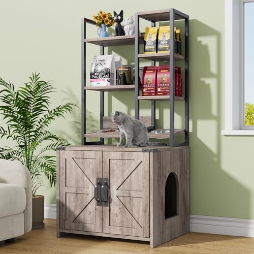 Grey Cat Litter Box Enclosure with 4 Shelves & Doors, Fits Most Sizes