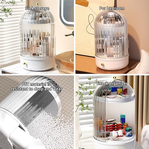 DASITON Makeup Organizer Countertop,360¡Æ Rotating Makeup Storage Organizer with Cover and Drawer,Waterproof Cosmetics Display Case,Large Capacity Skincare Organizers for Vanity,Desktop,Bathroom(Cream)