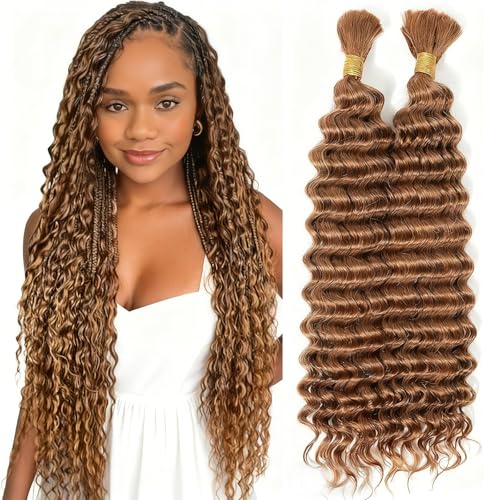 30# Brown Human Braiding Hair - 22 Inch Deep Curly Wave for Boho Braids - 2 Bundles