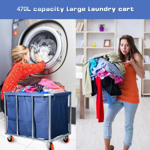 Blue Commercial Laundry Cart with Wheels 470L Steel Frame & Waterproof Bag