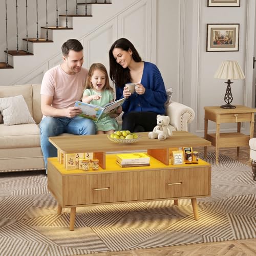 YOSHOOT 37-Inch LED Coffee Table with Storage & Remote Control - Nature Finish
