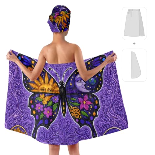 Women's Boho Butterfly Towel Wrap & Hair Drying Cap Set - Celestial Moon Sun Print - Quick Dry Microfiber Spa Wrap - Variation Butterfly 1