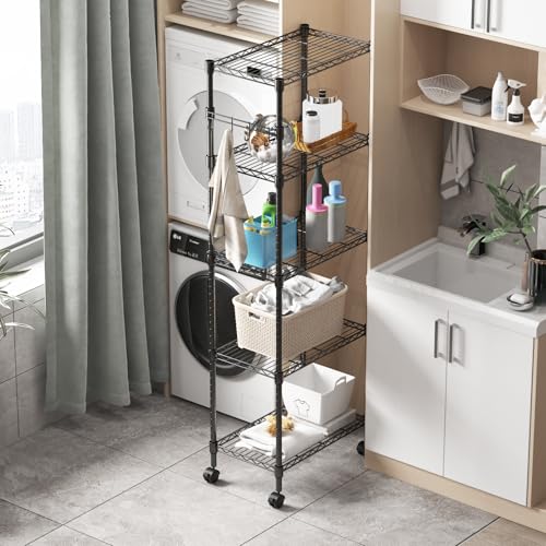 5-Tier Wire Shelving Unit on Wheels - Adjustable Metal Storage Rack, Black, 23.23 x 13.78 x 72.05 inches