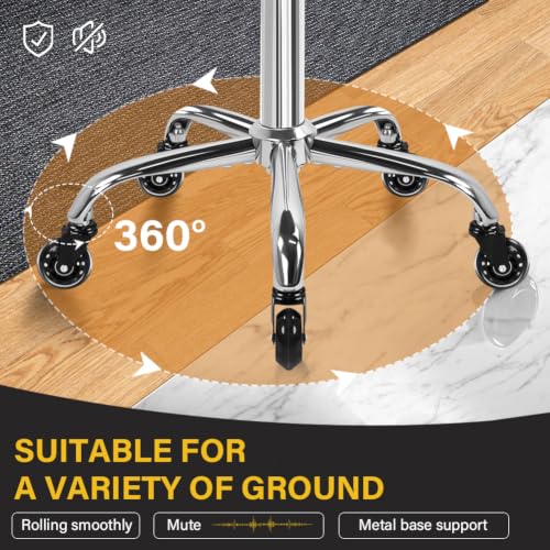 WKWKER Black Heavy Duty Adjustable Rolling Stool with 360° Swivel & Thick Leather Seat