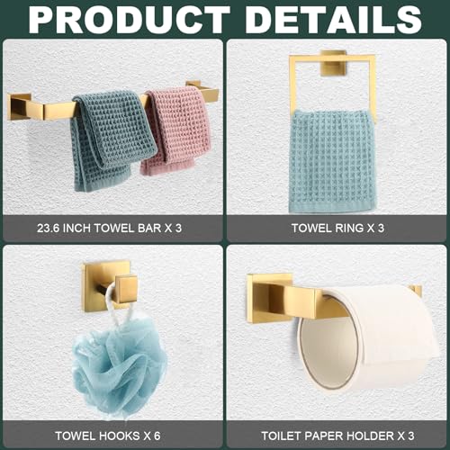 Gold Bathroom Hardware Accessories Set - 15 Pcs Wall Mount Towel Bar, Ring, Holder & Hooks - Modern Concealed Screw Design
