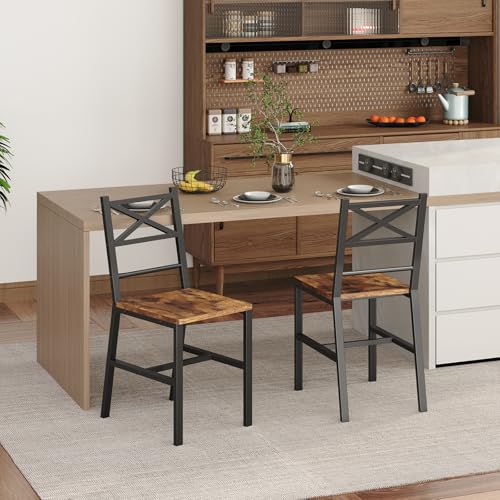 Rustic Brown Dining Chair Set of 2 - Farmhouse Kitchen Chairs with Metal Frame
