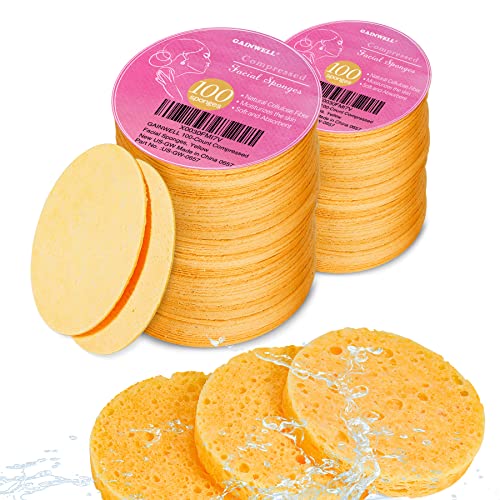 GAINWELL Compressed Facial Sponges 200PCS Yellow — Personal Spa Cleansing Pads (Pack of 50 x 4)