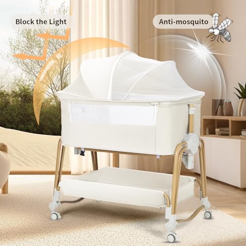 Suihuooo 4-in-1 Baby Bassinet with Mosquito Net - Cream White Portable Bedside Sleeper & Travel Cradle