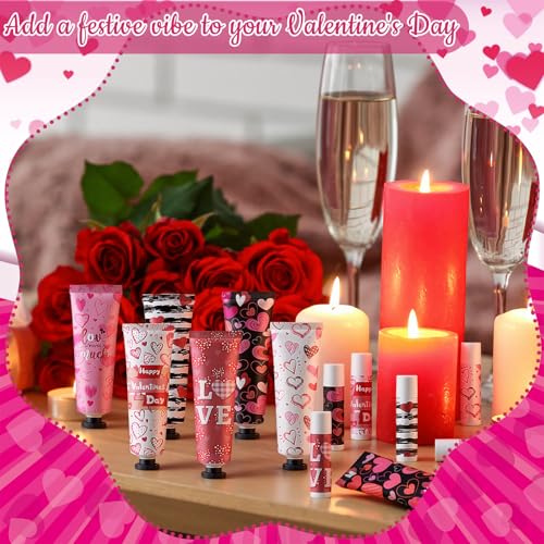 Loopeer 12 Sets Valentine's Day Hand Cream Lip Balm Bulk Gifts Galentine's Day Gift Valentine Party Favor Love Heart Mini Travel Size Moisturizing Hand Lotion for Women Coworker Teacher Nurse, 30 ml