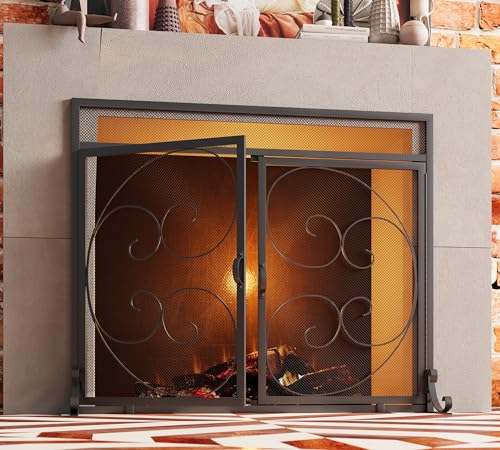 Fire Beauty Wrought Iron Fireplace Screen with Magnetic Double Doors Black