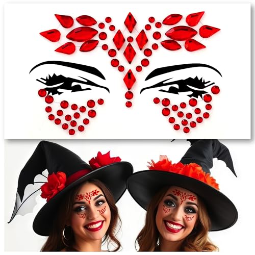 Face Gems, Face Jewels - Self Adhesive- Face Glitter Jewel Tattoo Sticker Festival Gems Rave Party Body MakeUp Rhinestone Gems for Eyes Face Body, face gems for festivals, Halloween (Red 68)
