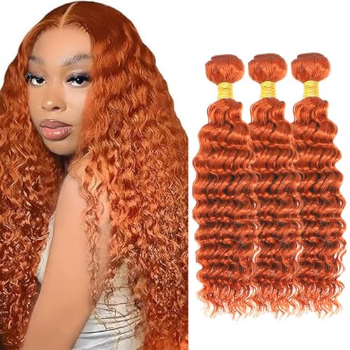 Cklikeb #350 Orange Deep Wave Human Hair Bundles 12 14 16 Inch – 3 Pack, 300g
