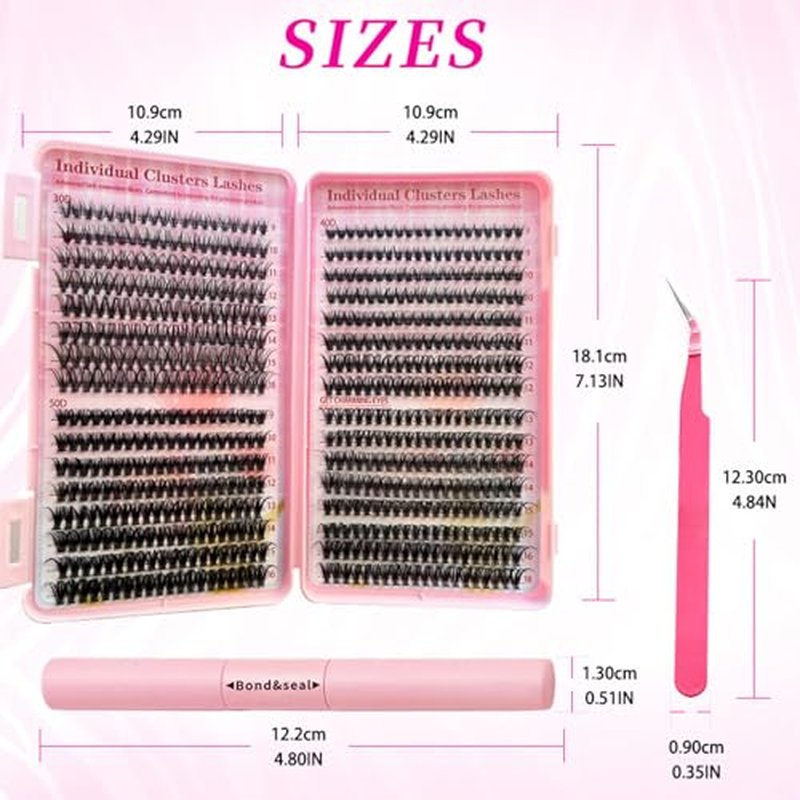 Fumwase 644PCS Thick Lash Clusters Kit Volume Lash Clusters Natural DIY Eyelash Extension with Lash Bond Tweezers and Seal Eyelash Book DIY 9-16MM 30D+40D+50D (640)