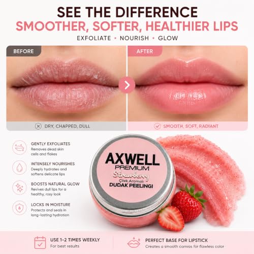 Axwell Lip Scrub for Dry Lips - Strawberry Exfoliant with Salt Crystals & Vitamin E, 1 fl oz