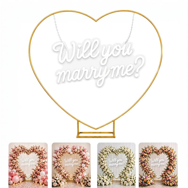 6.6ft Metal Heart Arch Stand with LED Neon Sign for Wedding Proposal and Valentine's Day Decorations