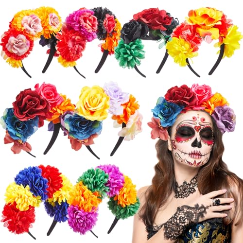 Zeyune Mexican Flower Headbands Set of 8 - Day of The Dead Crown Accessories, Classic Colors