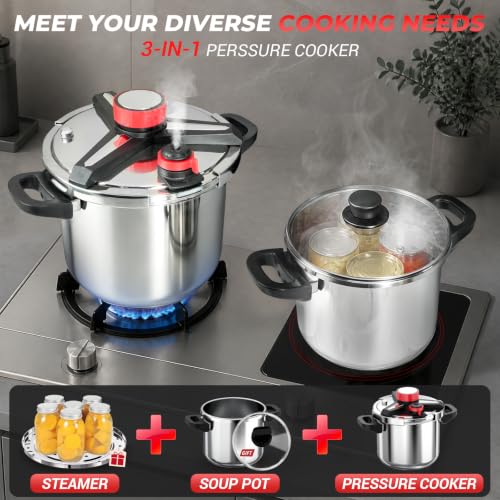 8 Quart 3-in-1 Stainless Steel Pressure Cooker - Fast & Safe Cooking