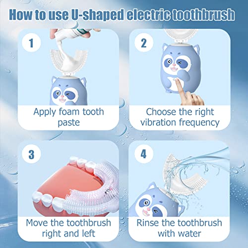 Kids Electric U-Shaped Sonic Toothbrush - Blue Raccoon, 59S Timer, Age 8-15
