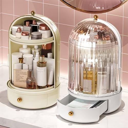 DASITON Makeup Organizer Countertop,360¡Æ Rotating Makeup Storage Organizer with Cover and Drawer,Waterproof Cosmetics Display Case,Large Capacity Skincare Organizers for Vanity,Desktop,Bathroom(Cream)