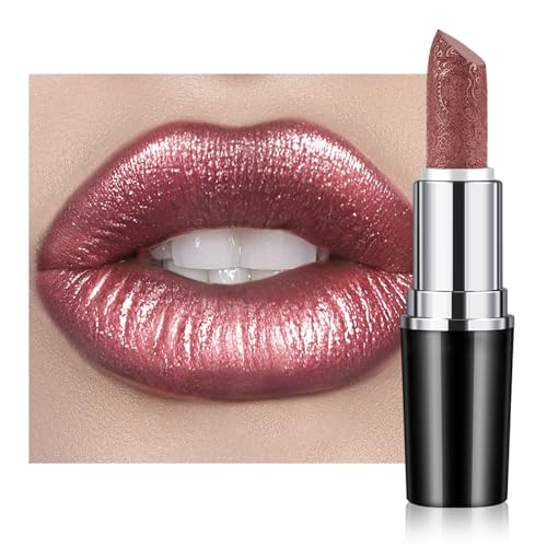 Shimmer Metallic Lipstick, High-Pigment Full Coverage Lip Color, Long-Lasting Waterproof Smudge Proof, Lightweight Hydrating Creamy Formula Metallic Frosted Lipstick for Women Girls