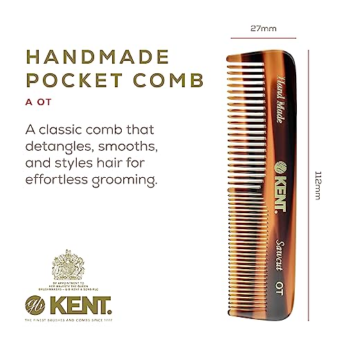 Kent OT Tortoiseshell Pocket Comb - Handmade Fine and Wide Tooth Hair Comb for Men, Women, and Kids - Travel, Beard, and Mustache Comb - Saw Cut and Hand Polished Made in England
