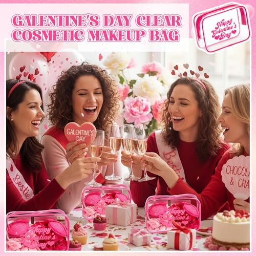12 Pcs Galentine's Day Clear Makeup Bags with Frame - Hot Pink Gift Set