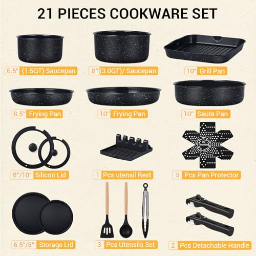 Ammeloo Non-Stick Pots and Pans Set with Detachable Handle - Grill Pan Set