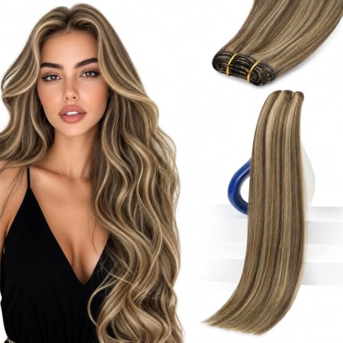 Dark Brown Blonde Hair Extensions Weft - 12 Inch 70g with Highlight Variation A3-# 4P/27-Brown and Caramel Blonde