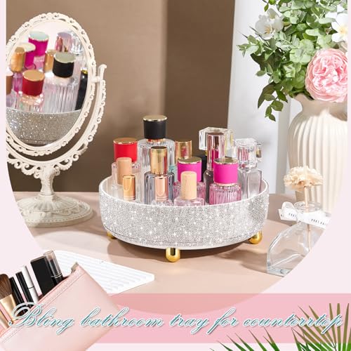 Honeydak 1 Tier Rotating Perfume Organizer Tray with Rhinestones - White