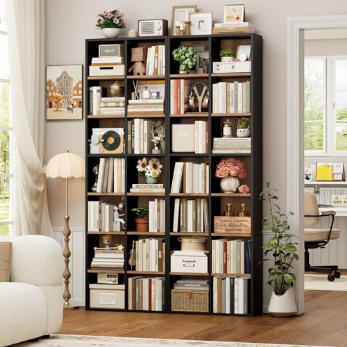 FOTOSOK 7-Tier Narrow Bookshelf Tall Media Tower in Black/Brown, Space-Saving Storage