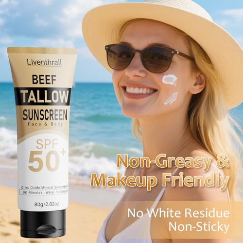 Mineral Sunscreen with Non-Toxic Zinc Oxide SPF 50, Organic Natural Beef Tallow Sunblock with Honey Beeswax, Non Greasy Formula for Face, Body and Skin - Women and Men, 2.82 oz (80g)