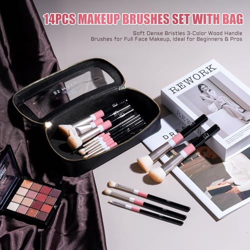 14-Piece Makeup Brush Set with Travel Bag - Face, Eye & Concealer Tools