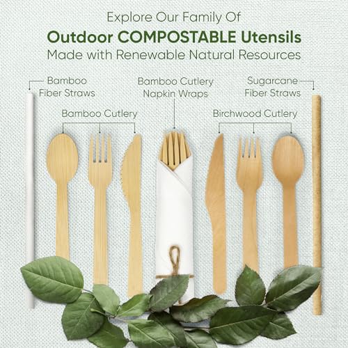 100 Pack EcoPreps Biodegradable Bamboo Cutlery & Napkin Set - Disposable Party Tableware