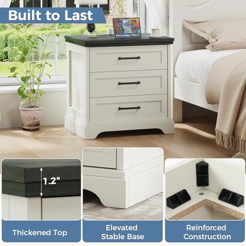 White Farmhouse 3 Drawer Nightstand with Charging Station - Wood & USB Power Hub (23.6''L x 18''W x 24.3''H)